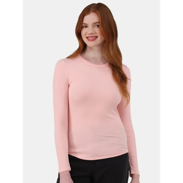 No Boundaries Crewneck Ribbed Tee with Long-Sleeves, Women's and Women’s Plus | Walmart (US)