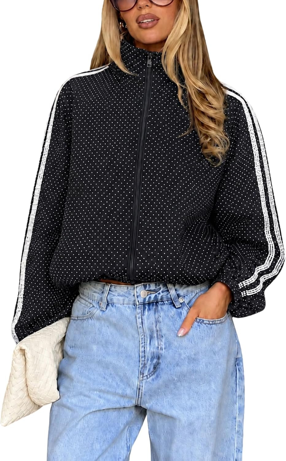 Womens Polka Dot Zip Up Jacket Lace Trim Casual Cropped Outwear | Amazon (US)