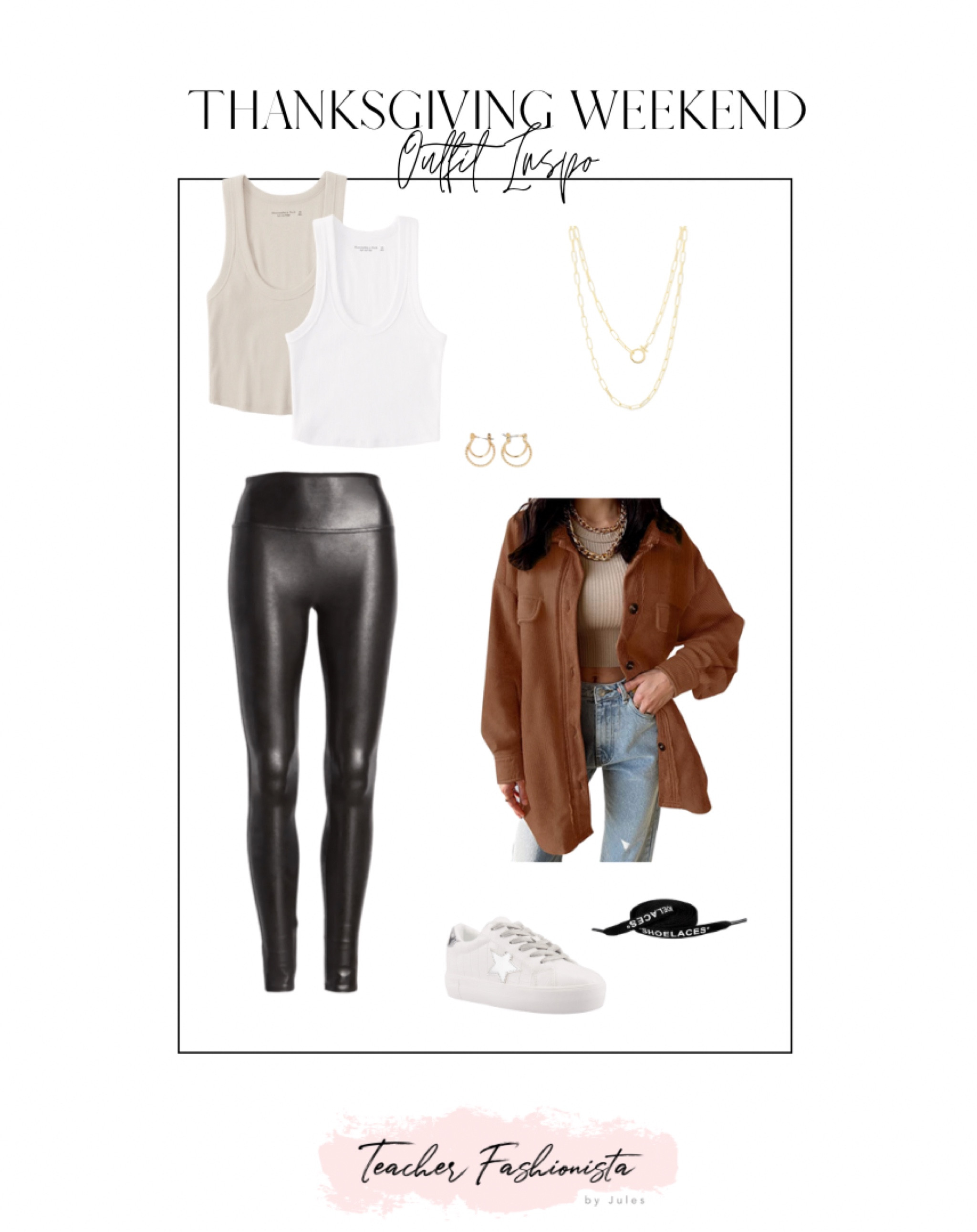 Thanksgiving outfit idea! 

• faux leather leggings • shacket • Abercrombie • gold necklace • chain necklace • hoop earrings • sneakers •

#ltkseasonal #ltkunder100

#LTKsalealert #LTKHoliday #LTKunder50