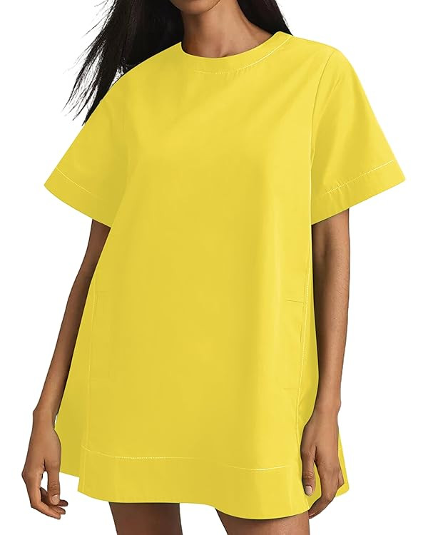 Women's Summer Short Sleeve Mini Dress Loose Fit Button Back Mini Dresses Slit Tunic Shirt Short ... | Amazon (US)