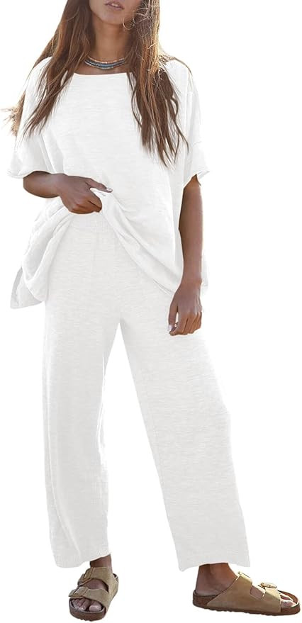 Tankaneo Women's 2 Piece Travel Outfits Casual Short Sleeve Knit Sweater Set Wide Leg Pants Loung... | Amazon (US)