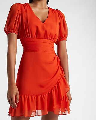 Ruffle Wrap Puff Sleeve Dress | Express