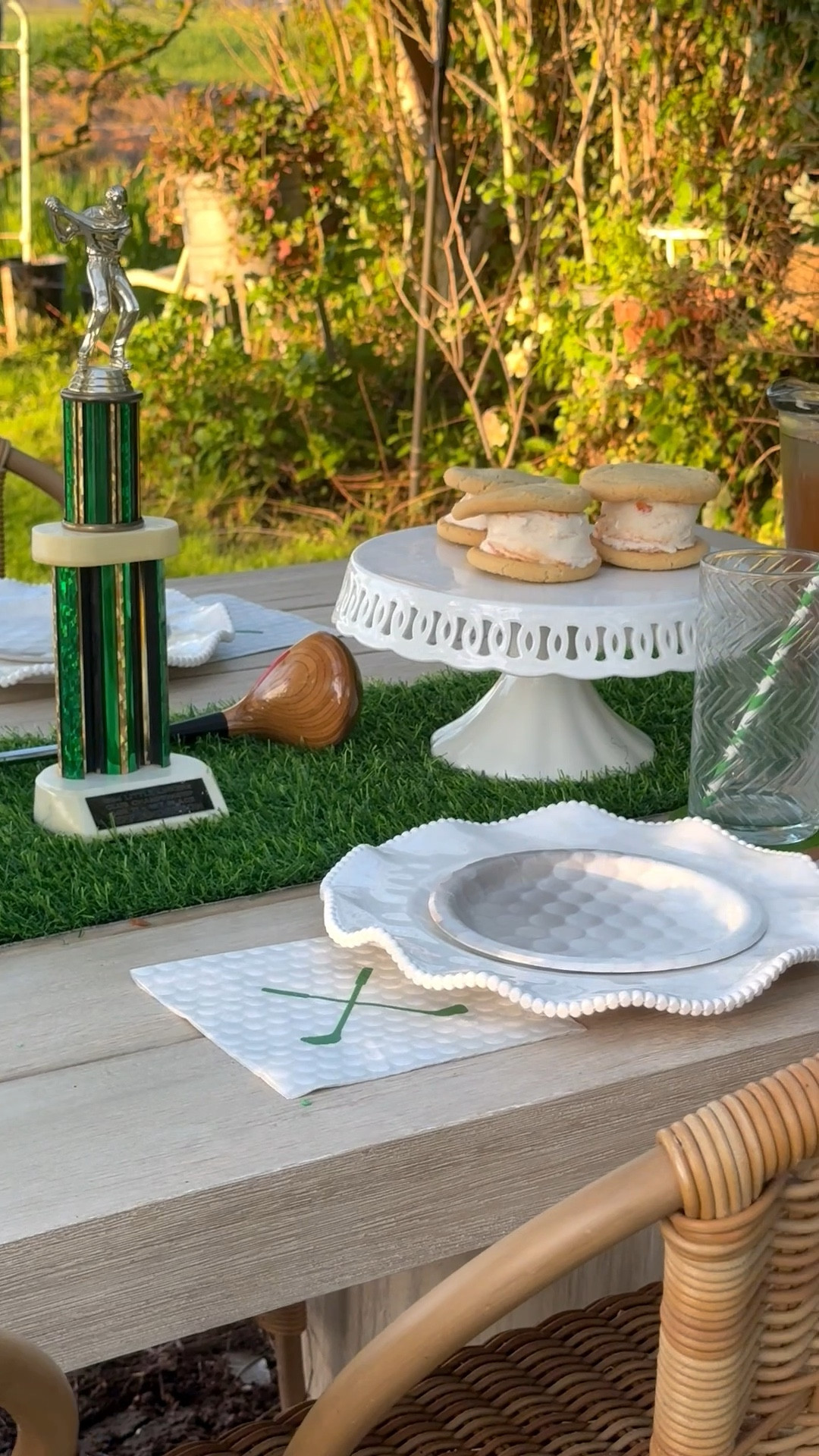 Timeless Masters golf tournament watch party tablescape idea with vintage family heirlooms, golf inspired food, peach ice cream sandwiches inspired by Augusta National, golf plates, green and white striped straws, a faux grass table runner and more! 💚⛳️ 

#LTKdayinmylife #LTKfoodie #LTKstorytime