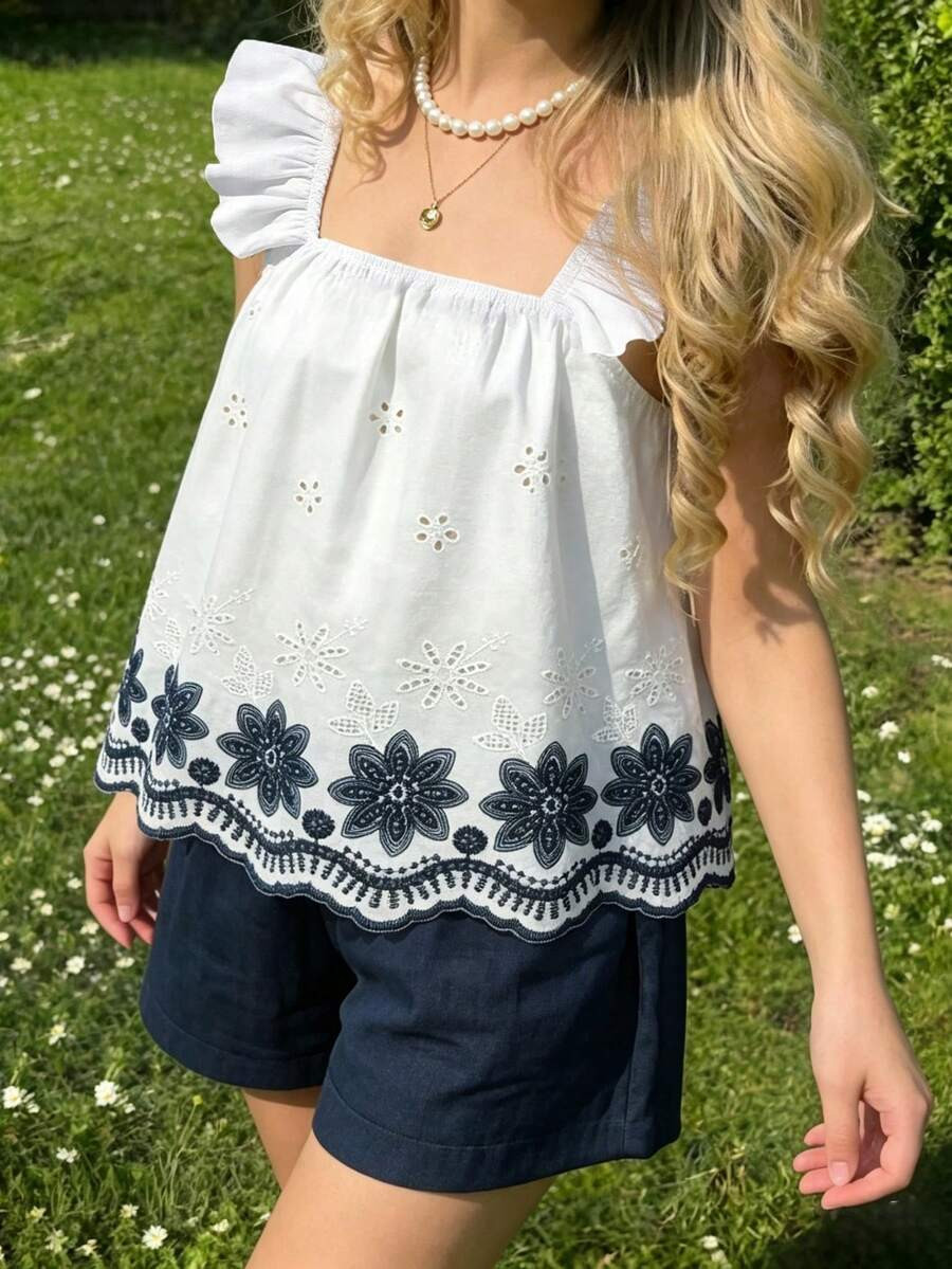 SHEIN Tween Girl Vacation Embroidered Cap Sleeve Top And Shorts Set | SHEIN