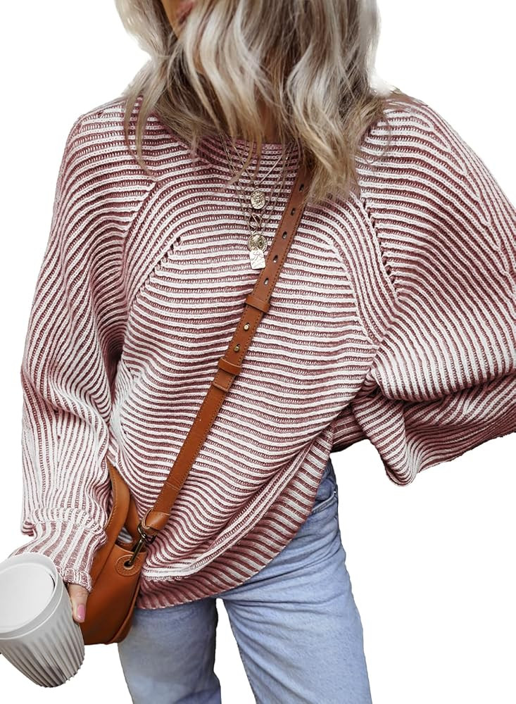 EVALESS Striped Sweaters for Women Boat Neck Batwing Sleeve Oversized Pullover Sweater Tops Women... | Amazon (US)