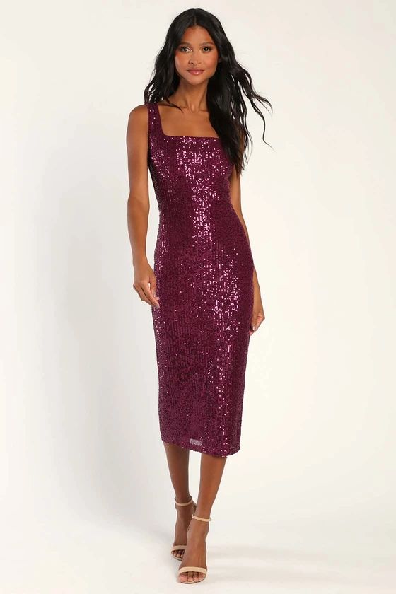 Dazzling Date Burgundy Sequin Bodycon Midi Dress | Lulus (US)