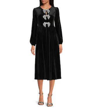 Sugarlips Jena Glow Velvet Crew Neck Long Sleeve Rhinestone Bow Midi Dress | Dillard's | Dillard's
