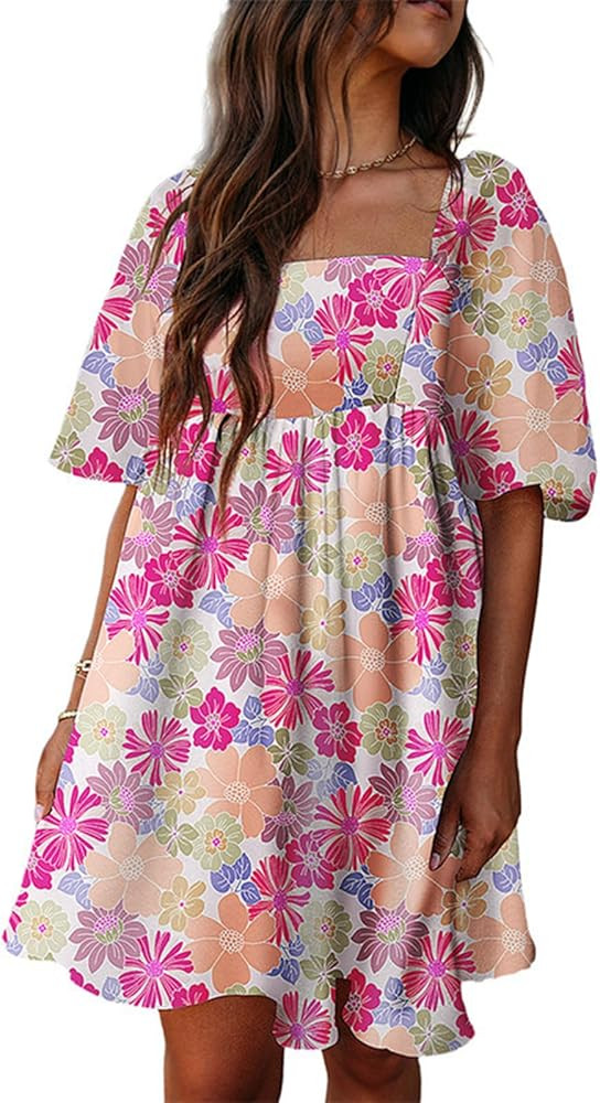 Women's Short Dress Loose Fit Floral Lantern Elbow Sleeve Dress for Summer | Amazon (US)