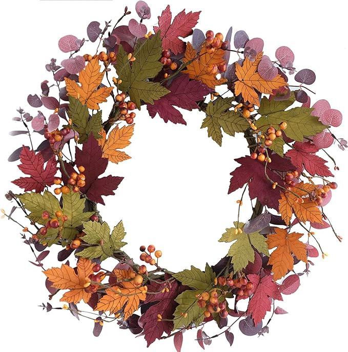 Bibelot Artificial Fall Wreath 18 inch Fake Wood Maple Leaves Red Eucalputs for Front Door Hangin... | Amazon (US)