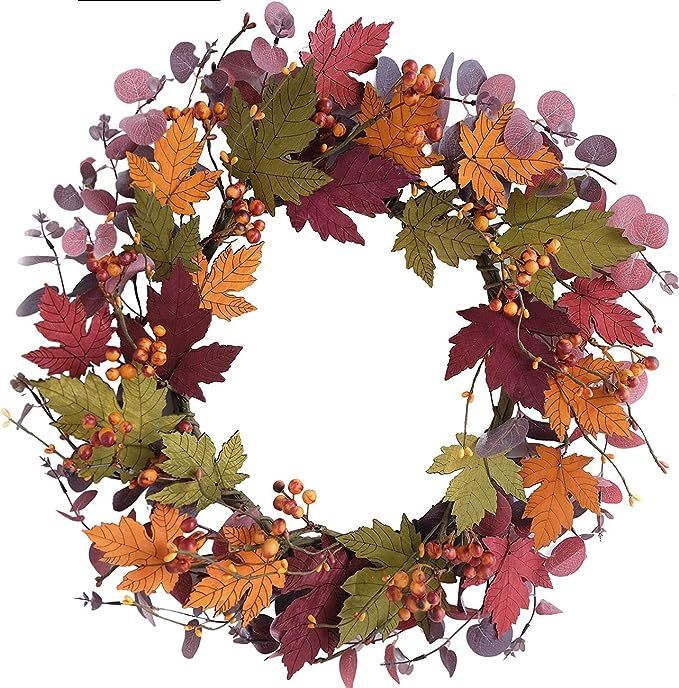 Bibelot Artificial Fall Wreath 18 inch Fake Wood Maple Leaves Red Eucalputs for Front Door Hangin... | Amazon (US)