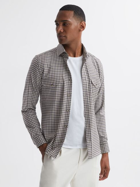 Reiss Chocolate Multi Tremont Brushed Checked Overshirt | Reiss UK