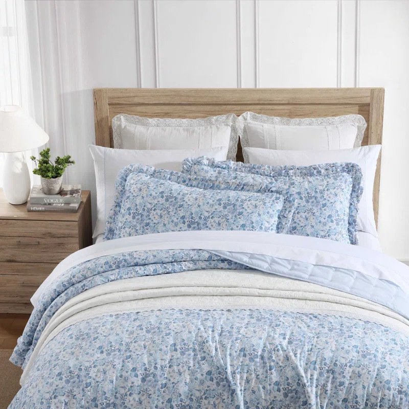 Laura Ashley Quartet Ruffled Blue Quilt Set | Wayfair North America