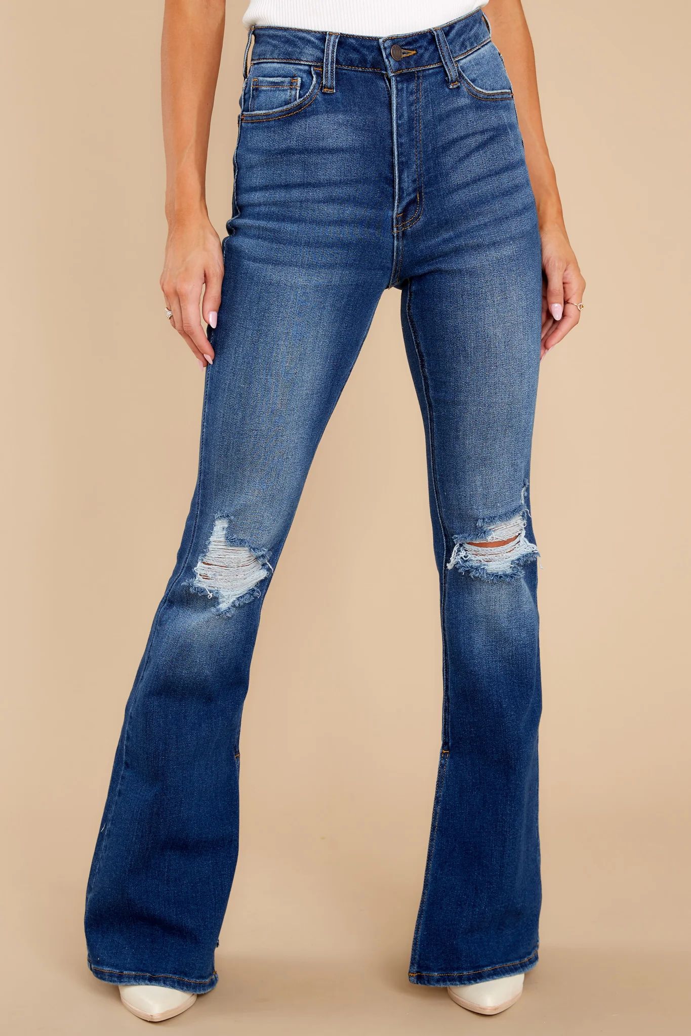 Surprise Them Dark Wash Distressed Flare Jeans | Red Dress 