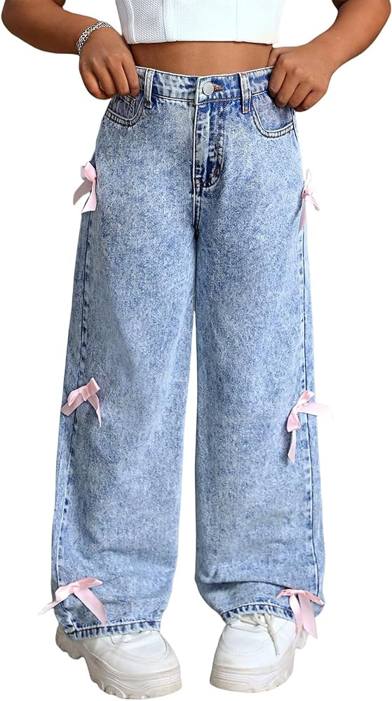 Jeans for Girls Baggy Wide Leg Cute Bow High Elastic Waisted Denim Pants Y2K Boyfriend Skater Str... | Amazon (US)