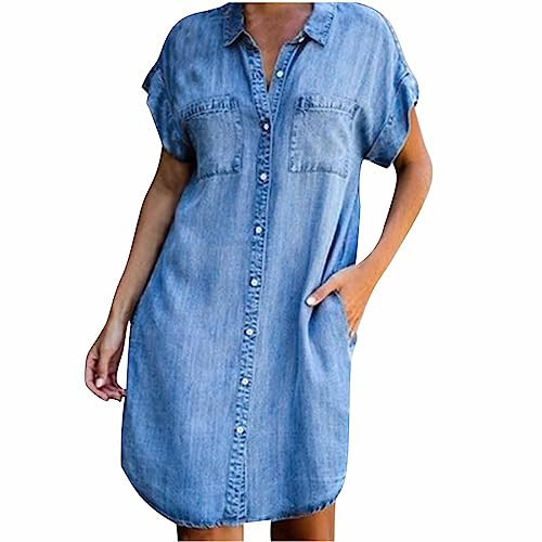Women Casual Denim Dress Short Sleeve Classic Jean Shirt Dress Medium Blue | Amazon (US)