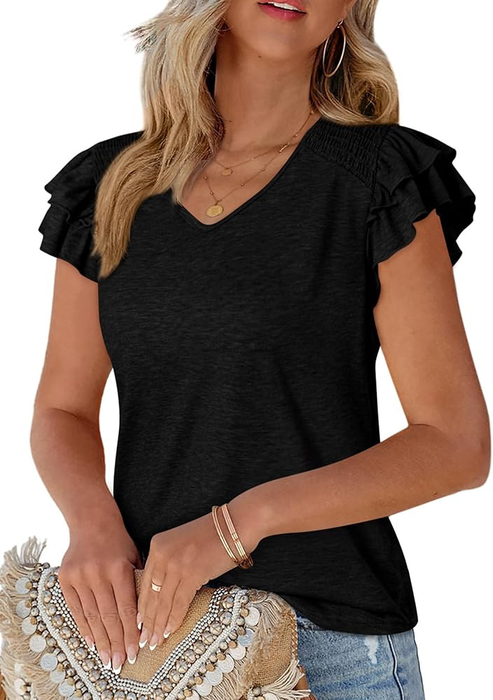 PRETTYGARDEN Summer Tops for Women 2025 Spring Trendy Fashion Clothes Casual Ruffle V Neck Short ... | Amazon (US)