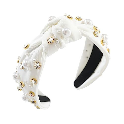 Gmmidea Pearl Knotted Women Headband Sparkle Rhinestone Jeweled Headband Wide Knot Crystal Embellished Hairband Fashion Women's Hair Accessories White | Amazon (US)