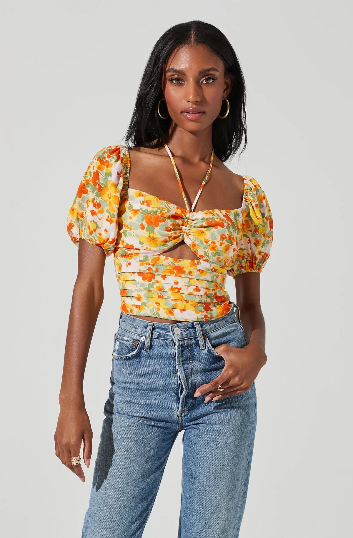 Tie Neck Floral Cut Out Puff Sleeve Top | ASTR The Label (US)