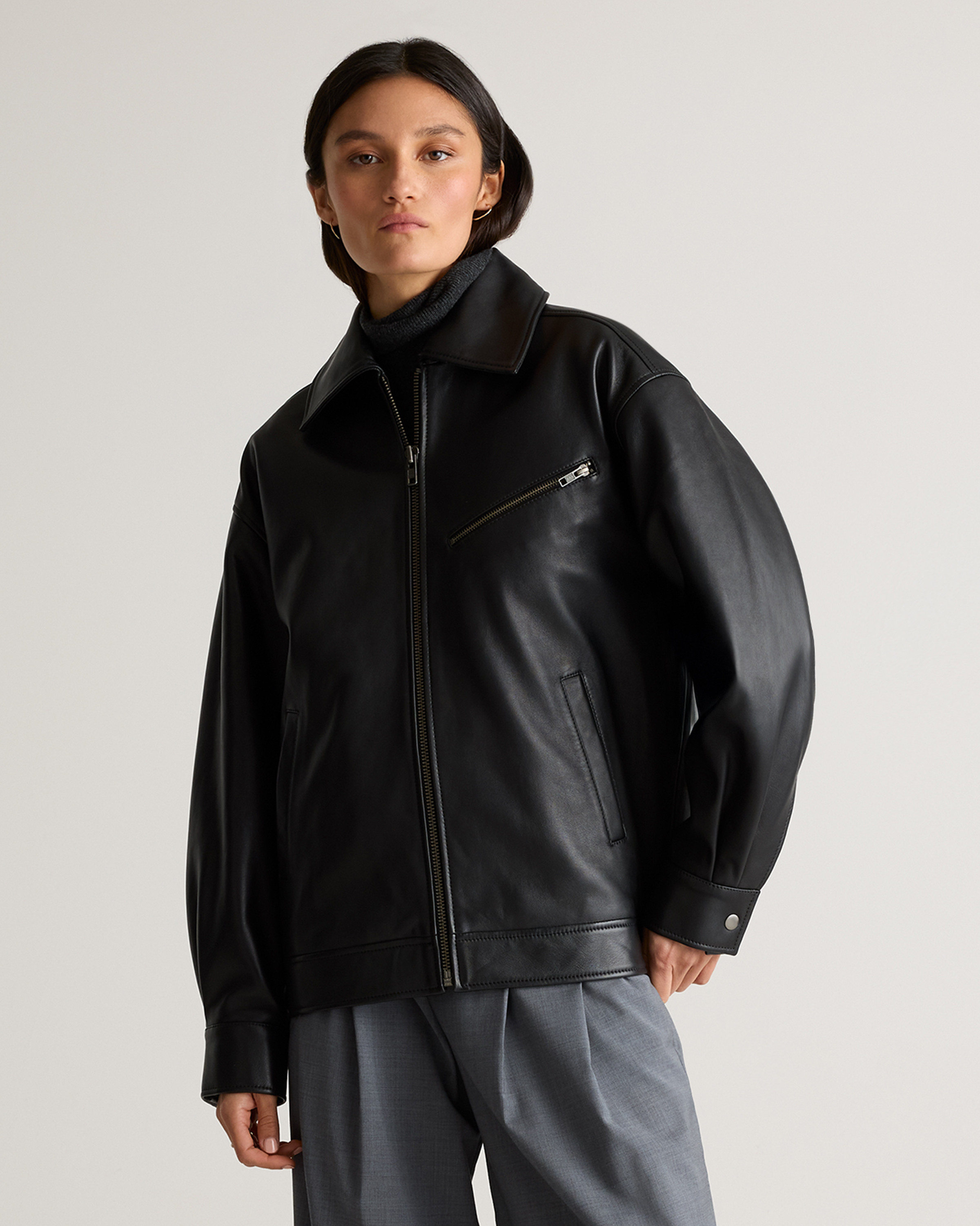 Quince | Women's OverSized Bomber Jacket in Black, Size XS, Leather | Quince