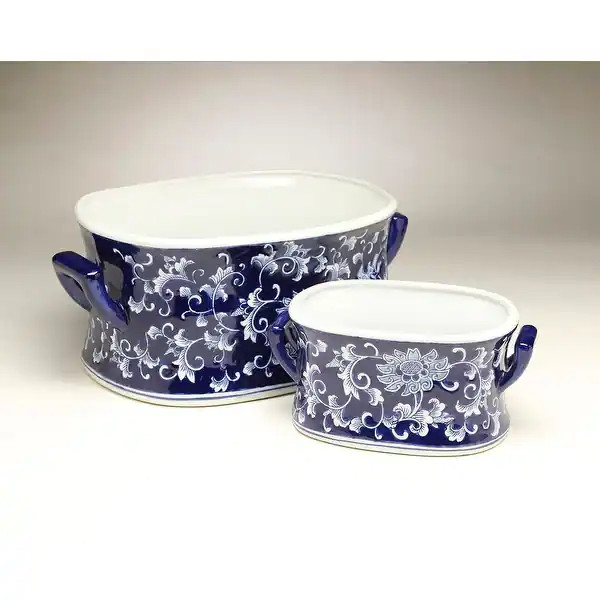 Ferrara 2-Piece Porcelain Pot Planter Set - White Floral on Blue | Bed Bath & Beyond