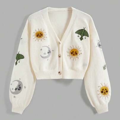 Plus Size Casual Cardigan With Sun, Moon And Star Embroidery | SHEIN