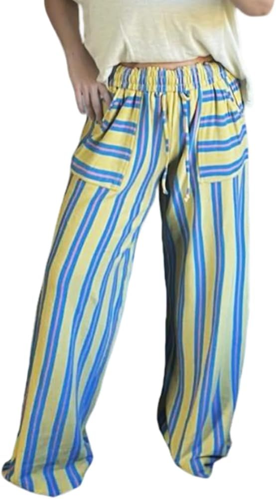 Women's Palazzo Pants Striped Wide Leg High Waist Casual Comfy Pants with Pockets | Amazon (US)