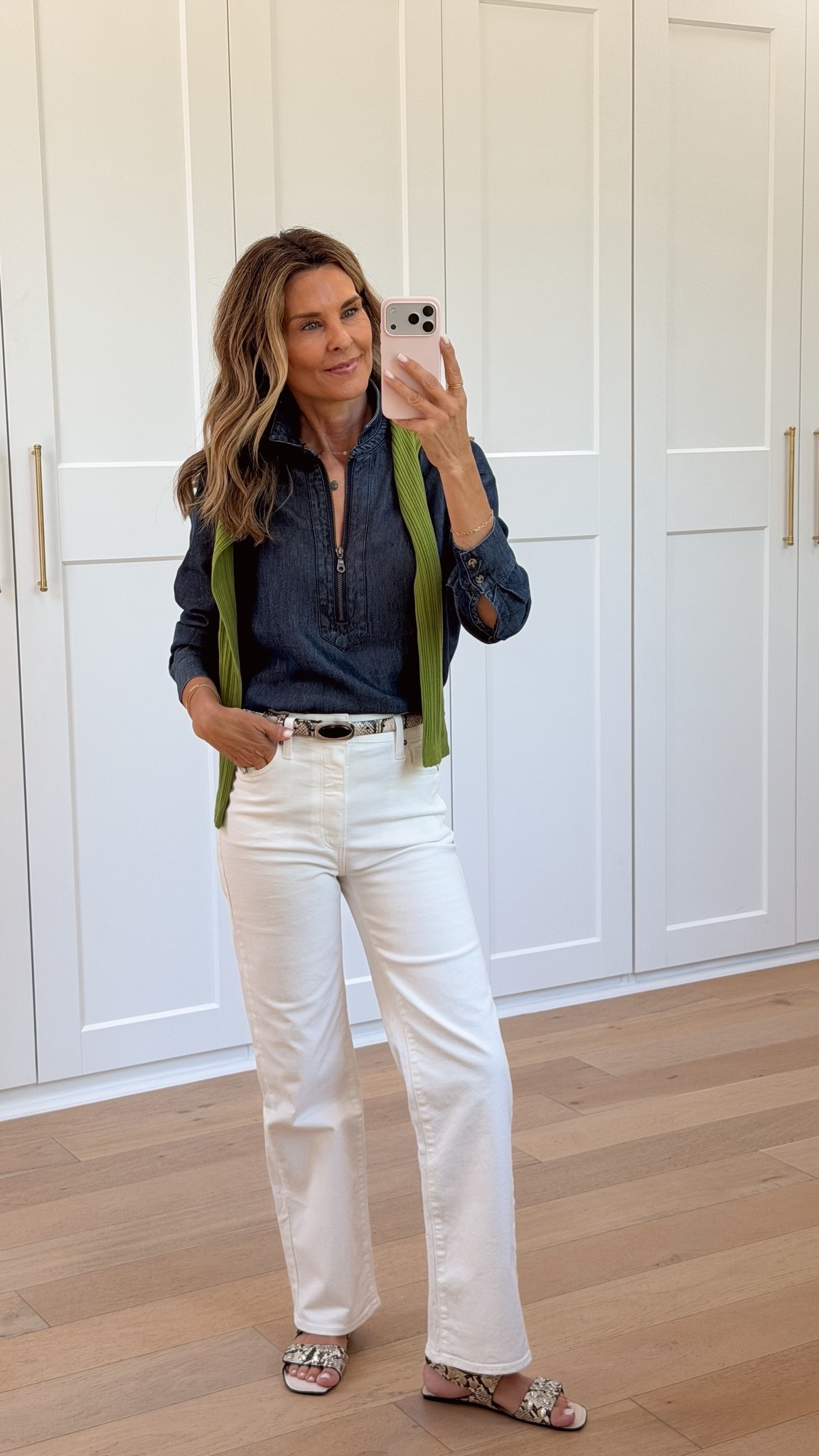 I’m 5’6
-Denim quarter zip cream sweater
-the perfect white jeans 
-snake skin sandals with silver hardware 
-snake skin belt with silver hardware 
-green cashmere sweater