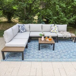 Black 6-Piece Outdoor Black Steel Conversation Set with Light Beige Cushions | The Home Depot