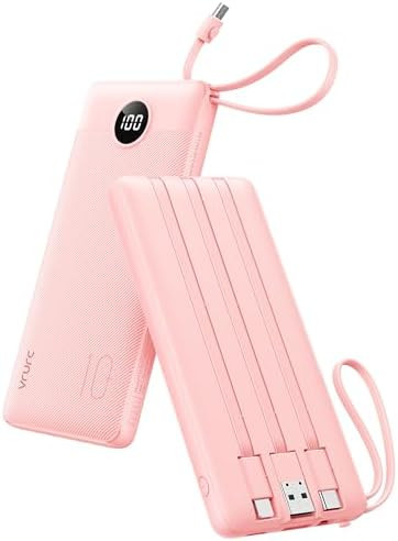 VRURC Portable Charger Power Bank, Built-in 4 Cables & 2 Ports,10000mAh Slim Battery Pack with LE... | Amazon (US)