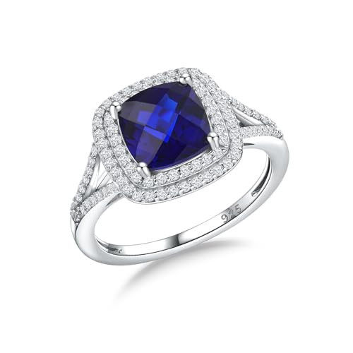 RANDES Sapphire Ring Sterling Silver Cushion Cut Engagement Rings for Women with Halo Dark Blue Stone September Birthstone Ring Size 7.5 | Amazon (US)