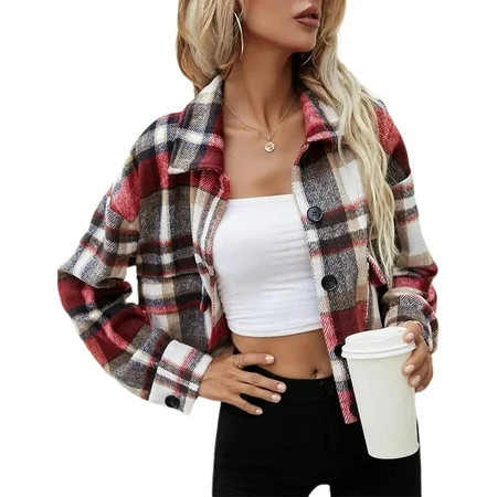 Lentta Women s Fashion Cropped Flannel Wool Blend Plaid Shacket Long Sleeve Button Down Jackets Coat (Red-M) | Walmart (US)