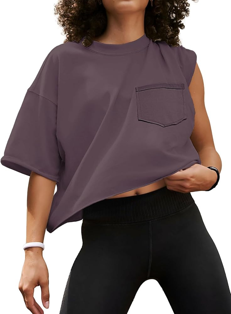 ATHMILE Womens Oversized T-Shirts Short Sleeve Workout Crop Tops Casual Drop Shoulder Boxy Roll H... | Amazon (US)
