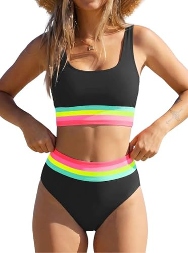 popvil Womens High Waisted Bikini Sets Two Piece Neon Tummy Control Swimsuit 2026 Sporty Rainbow Bathing Suit Young Women Beach Summer Black | Amazon (US)