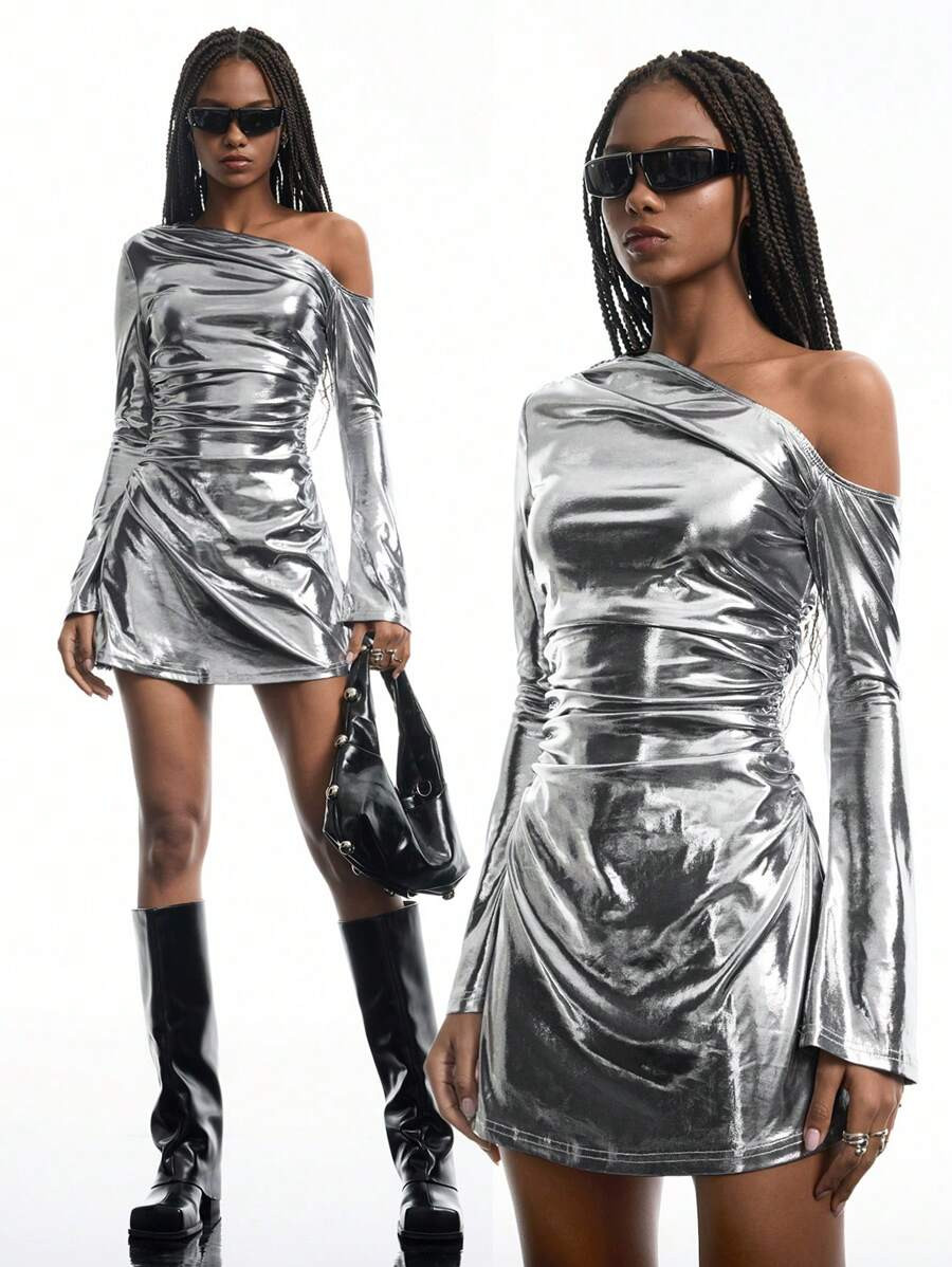 LYSMO Women's Summer Fashionable Party  Y3k Metallic Asymmetrical Neck Ruched Going Out Mini Dres... | SHEIN