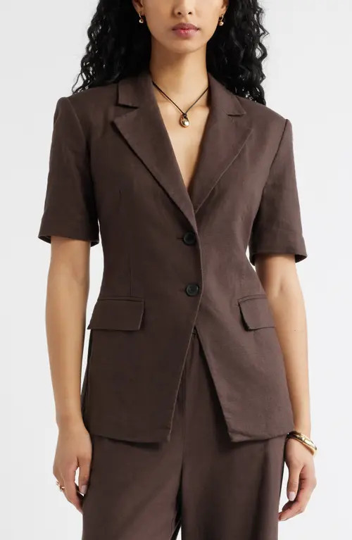 Open Edit Short Sleeve Linen Blend Blazer in Brown Seal at Nordstrom, Size Large | Nordstrom