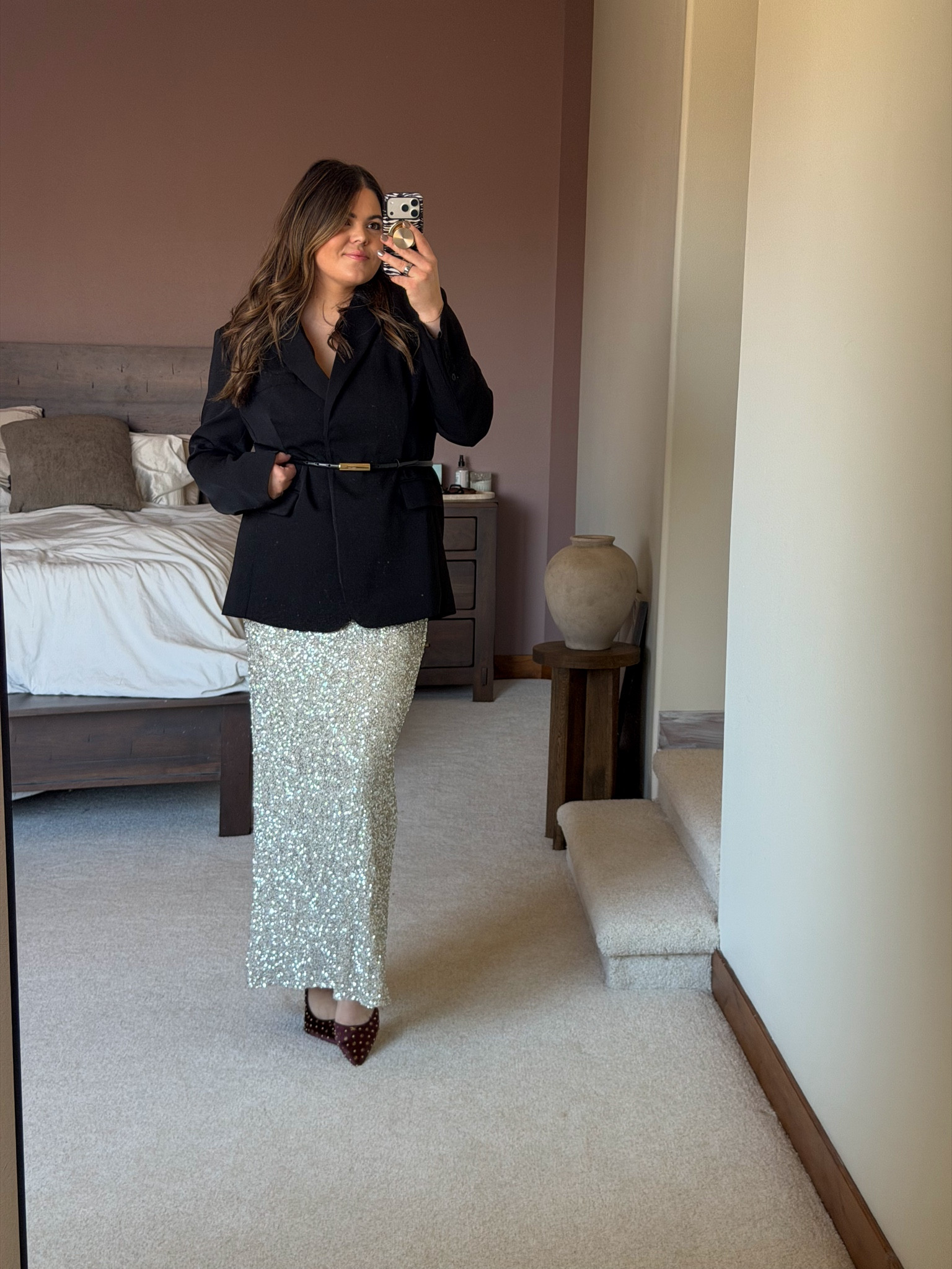 Date night or special event outfit. This is one of the outfits I packed for New York fashion week! I ended up wearing it without the belt and with black heels. 

XL in the sequin maxi skirt (I’m packing this with me on vacation next week too)

XL/14 in the blazer 

this belt is so versatile too because it fits around the waist or the hip 
￼

#LTKWorkwear #LTKNYFW #LTKMidsize