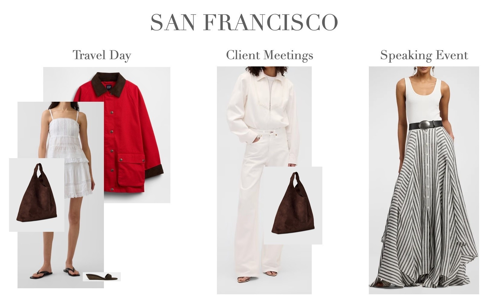 A snapshot of my packing plan for San Francisco ✨ 
This is my system for packing so I pack only and exactly what I need for trips. 
Red barn jackets are trending and this one is a TOTAL steal 👏
Also - the lace skirt has built in shorts and is a conservative length- very mom appropriate.

#LTKdayinmylife #LTKootd #LTKWorkwear