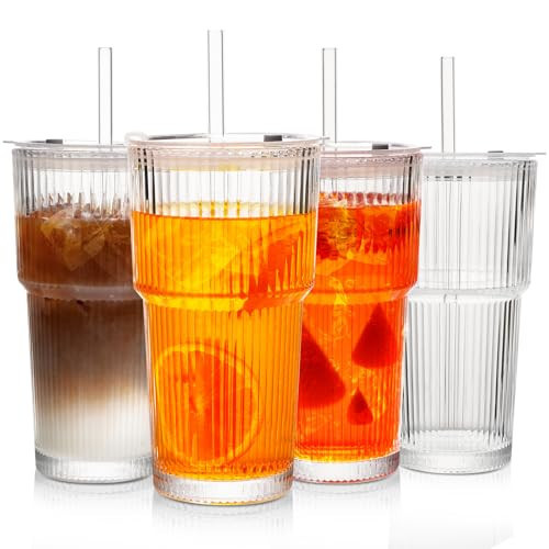 LUXULISH 20Oz Ribbed Glass Tumblers with Lids and Straws, Vintage Glass Cups Thickened Drinking Glasses Set of 4, Ideal for Iced Coffee, Smoothies, Cocktails, Matcha and Juices | Amazon (US)