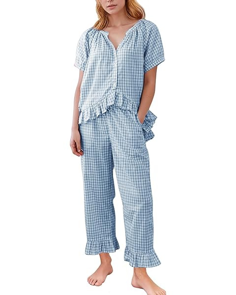 Tanming 2 Piece Sets for Women Gingham Button Down Short Sleeve Tops Ruffle Plaid Pants Pajamas L... | Amazon (US)