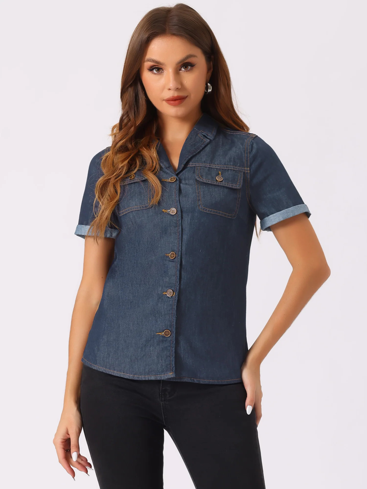 Button Up Collared Short Sleeve Pocket Classic Denim Shirt | allegra-k