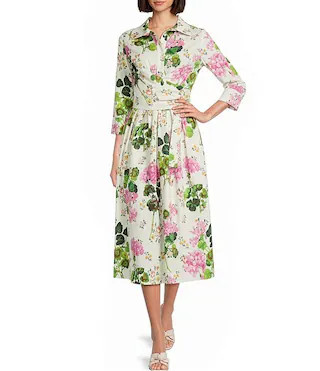 IC Collection Floral Print Shirt Collar Bracelet Sleeve A-Line Midi Dress | Dillard's | Dillard's