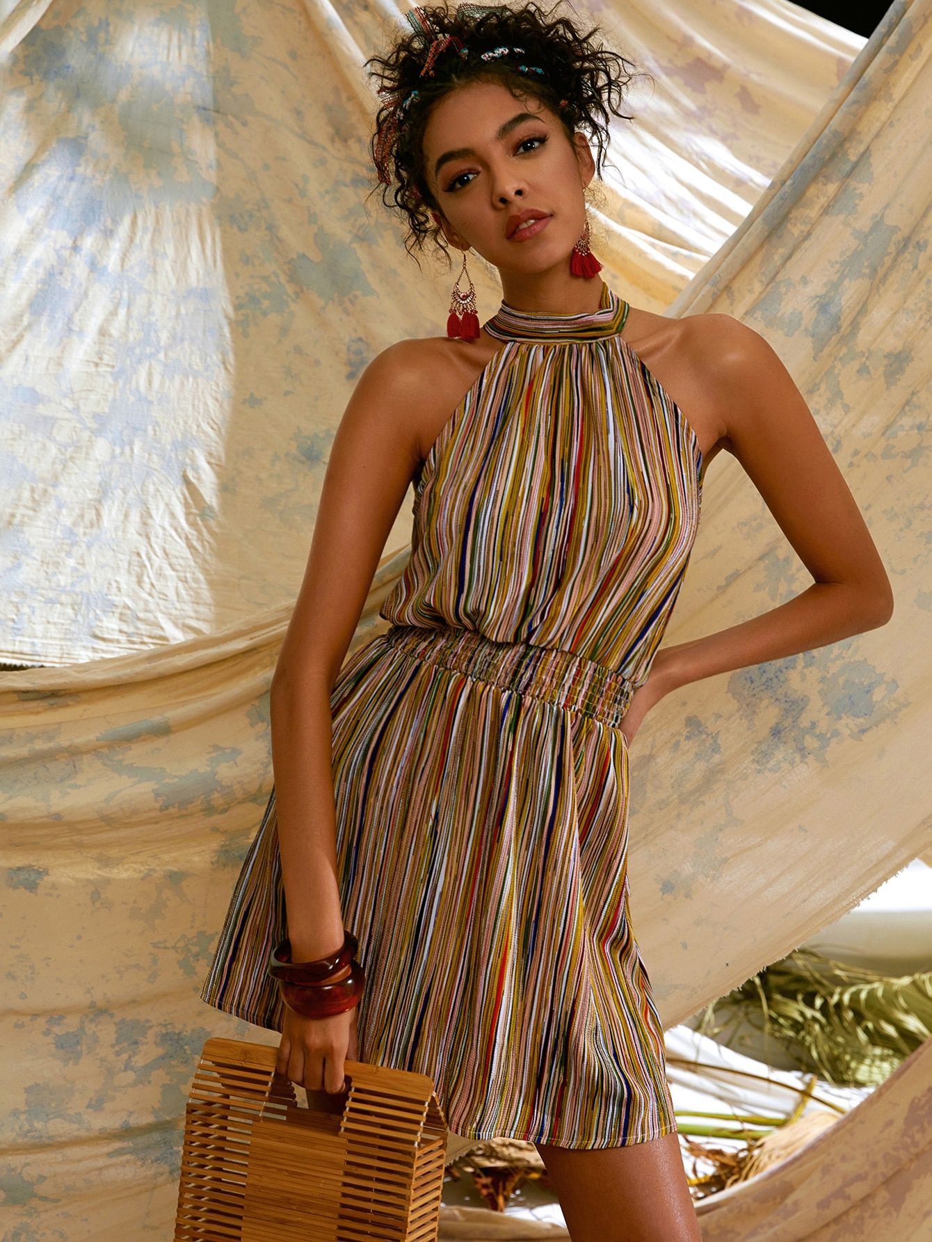 Multi-Color Striped Shirred Halter Dress | SHEIN