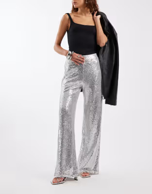 ONLY high waist pull on sequin pants in silver | ASOS (Global)