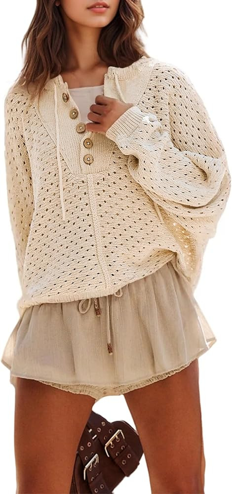 Women's Oversized Crochet Sweater Pullover Drawstring Long Sleeve Button Hollow Out Knit Crochet ... | Amazon (US)