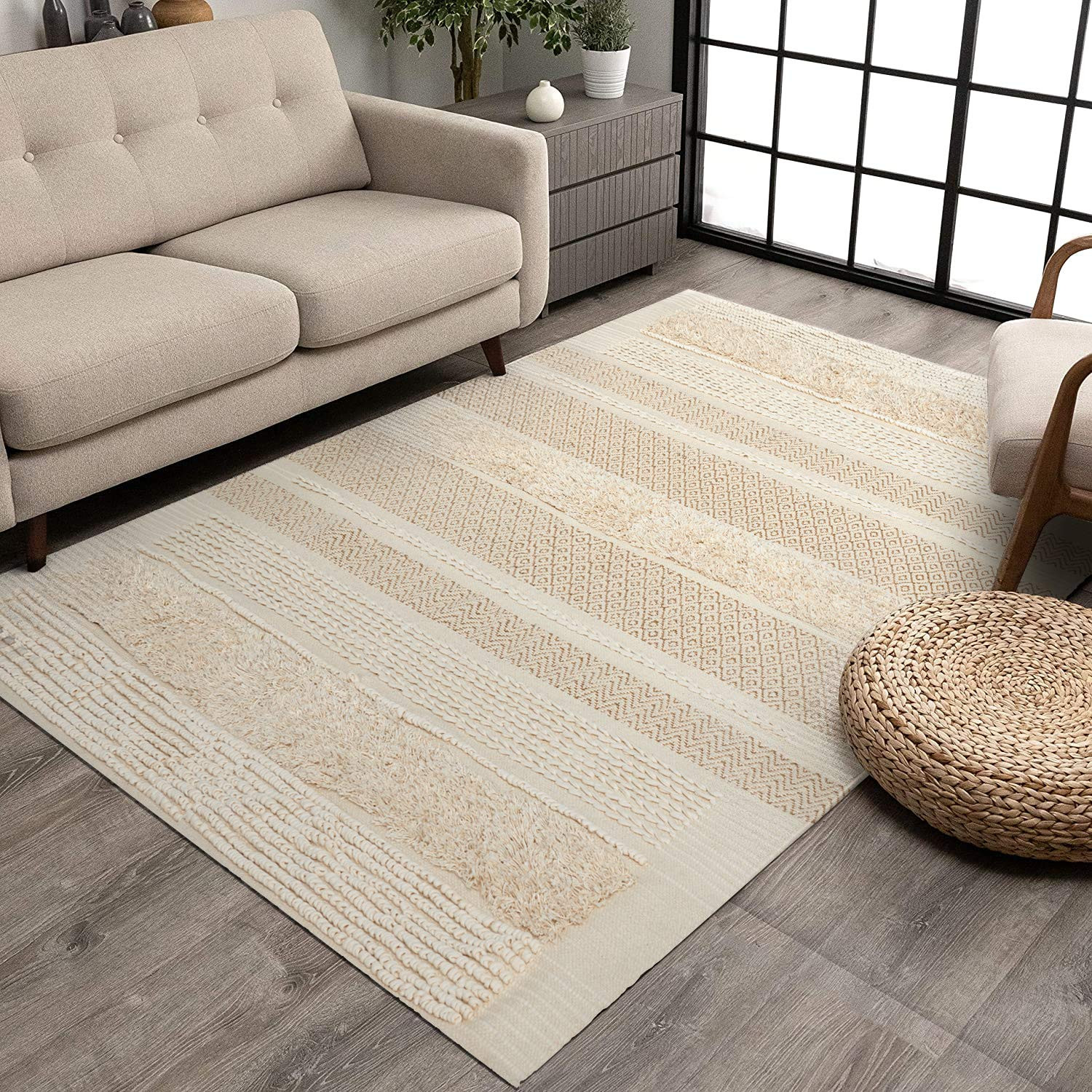 MOTINI Tufted Cotton Area Rug 8' x 10', Hand Woven Knotted Boho Shag Rug, Ivory Beige with Metallic  | Amazon (US)