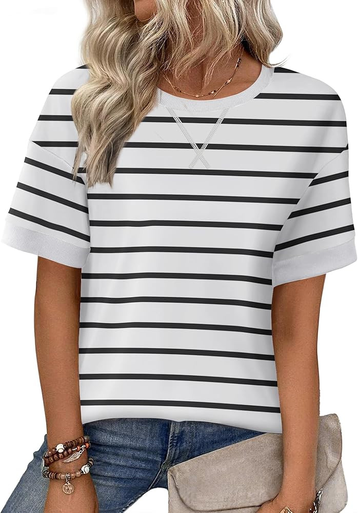 Zeagoo Womens Tops Casual Oversized Short Sleeve Sweatshirt Summer Striped Shirt Crewneck Pullove... | Amazon (US)