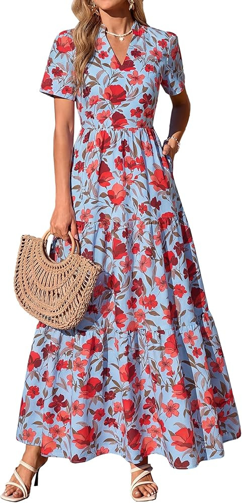 KIRUNDO Womens Summer Floral Maxi Dress Short Sleeve V Neck Boho Long Flowy Casual A Line Dresses... | Amazon (US)