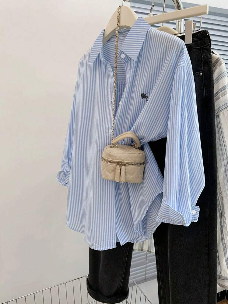Women's Striped Print Embroidered Front Button Casual Long Sleeve Shirt | SHEIN