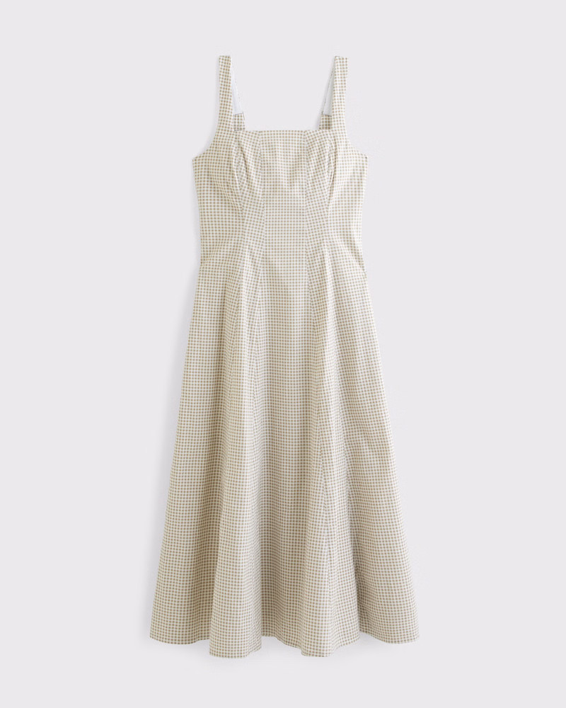 Abercrombie & Fitch Women's The A&F Mila Stretch Midi Dress in Light Brown Gingham - Size M | Abercrombie & Fitch (US)