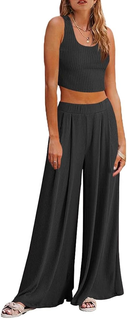 Lveberw Lounge Set Womens, Outfits Sets, Ribbed Crop Top Long Sleeve, Palazzo Pants - Loose Sweat... | Amazon (US)